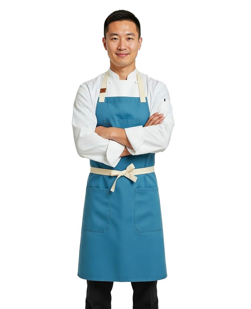 Person wearing a blue apron on a white background